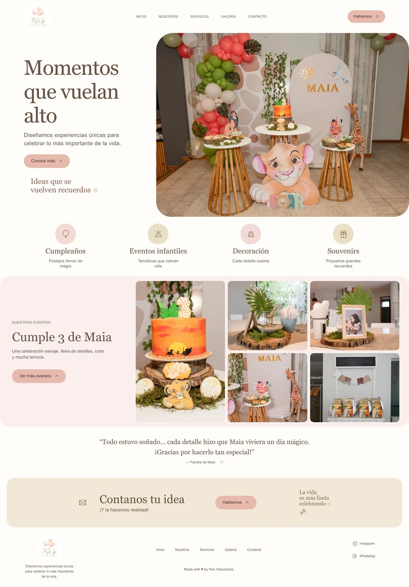 Sitio web de Fly Up con la celebración de Maia